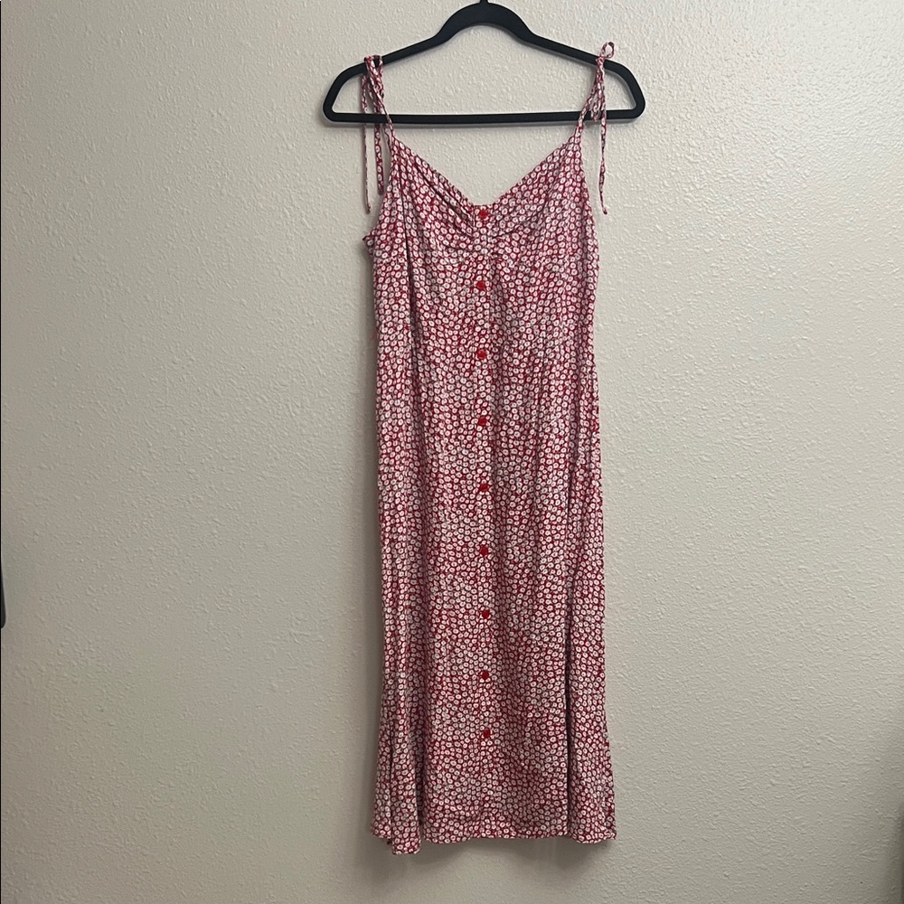Red and White floral Patterned Midi Sun Dress